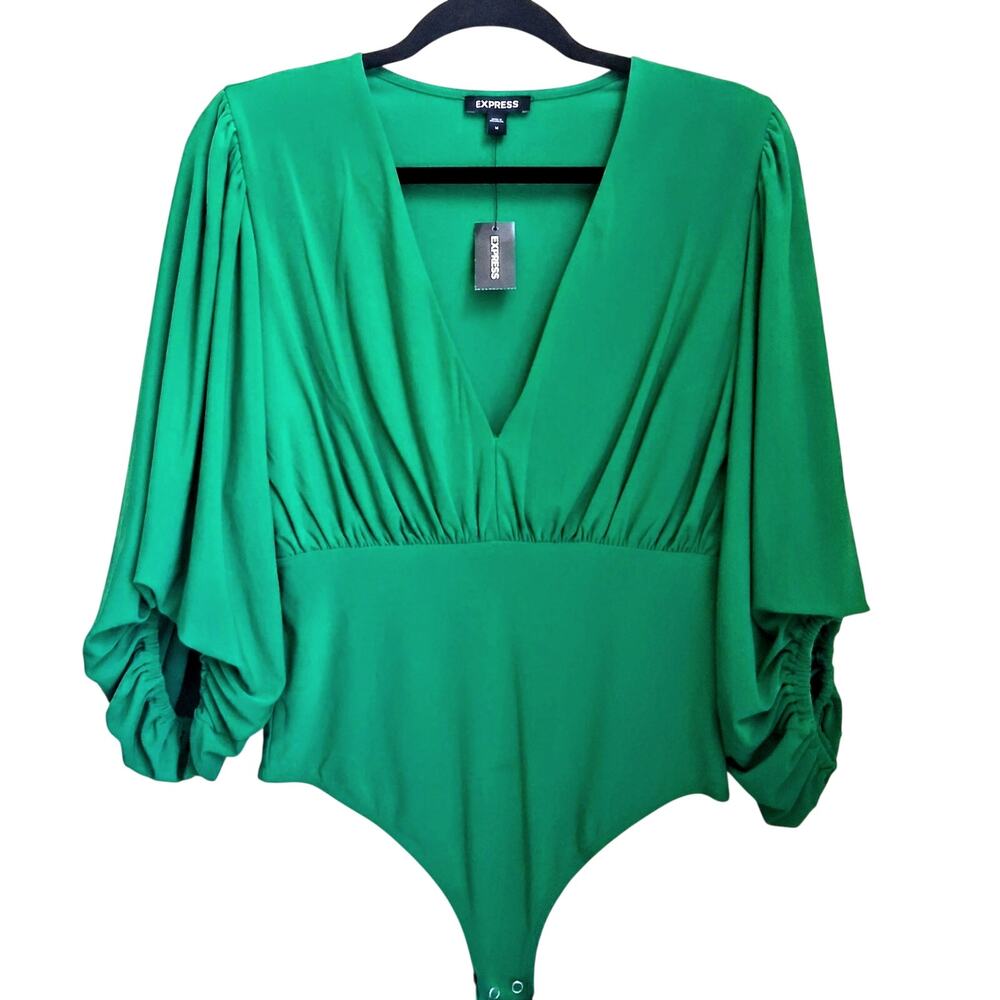 Express NWT Emerald Green Deep V Draped Sleeve Bodysuit M